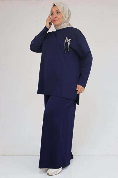 Eslina 57043 Plus Size Modal Pants Suit with Side Slits - Indigo