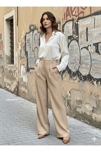 MetuCA Kadın Bej Yüksek Bel Pensli Palazzo Geniş Paça Dökümlü Dokuma Kumaş Pantolon