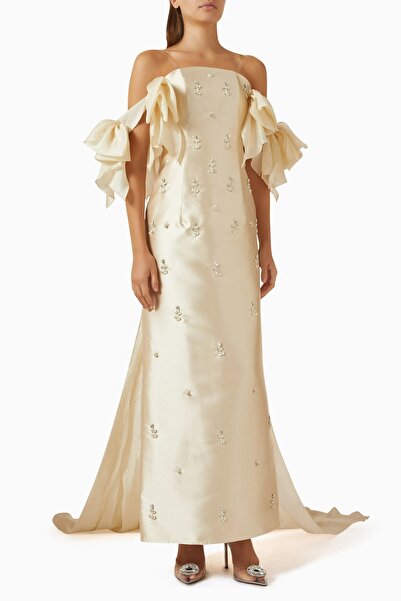 AC BY AANCHAL CHANDA Crystal Embroidered Cream Dress, Bow and Tail Detail