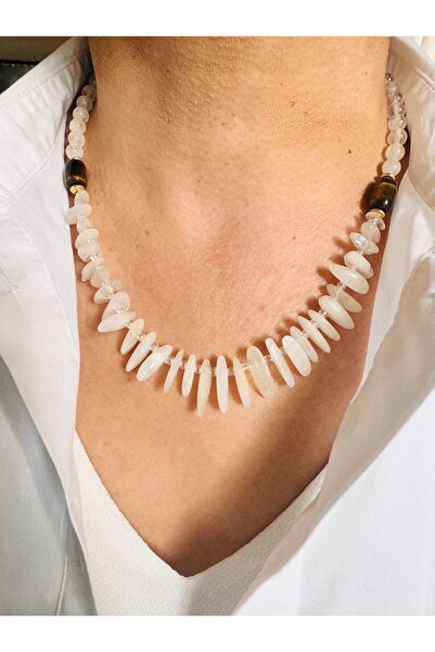 DEVİ fashion Moonstone and Tiger's Eye Natural Stone Necklace 48 cm