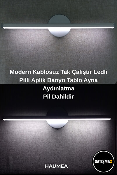 SatışMax Modern Kablosuz Tak Çalıştır Ledli Pilli Aplik Banyo Tablo Ayna Aydınlatma Gri (50 CM) Pil Dahildir