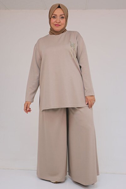 Eslina 57043 Plus Size Modal Pants Suit with Side Slits - Mink