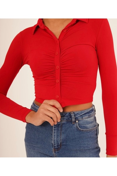 PELMA MODA Kırmızı drapeli crop gömlek
