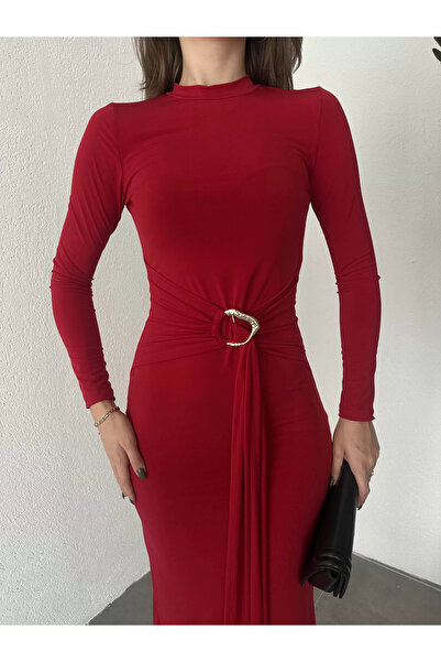 asfamoda Kadın Kırmızı Zr Model Bisiklet Yaka Aksesuarlı Kuşaklı Midi Boy Candy Elbise