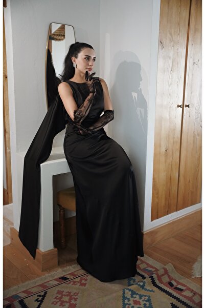 Tavie Sırt Dekolteli Saten Abiye Elbise