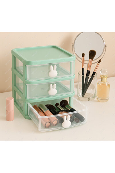 VİALEX Bunny 3 Çekmeceli Makyaj Organizeri - Bölmeli Fırça Kozmetik Makyaj Düzenleyici Organizer