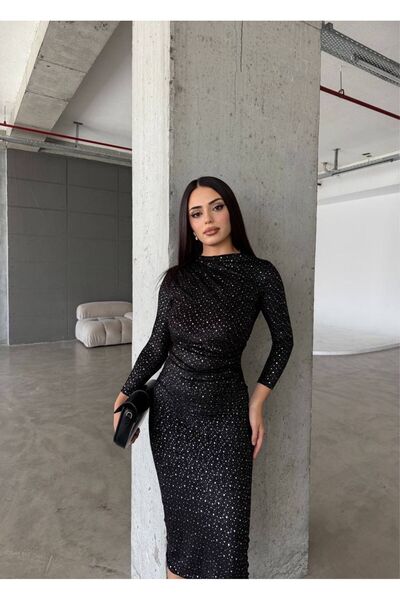 maf collection Kadın Siyah Kadife Pullu Abiye Mezuniyet Elbisesi