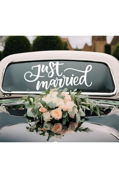 SHOPIENS Autocolant Auto Just Married 72x15cm Alb Pentru Masina Mirilor Nunta...