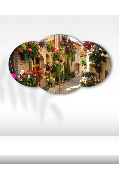 EVLOYA Çiçekli Sokak Kapısı - 4 Parçalı Tablo