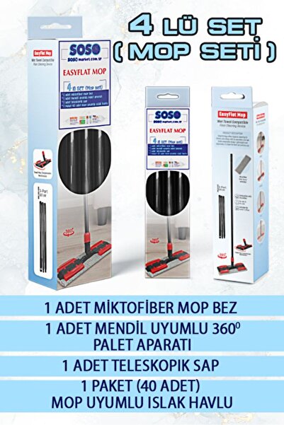 SOSOmarket SOSO 4 lü Mop Seti -Uyumlu 40 Adet Mendil -MikroFiber Bez -Kıstırm...