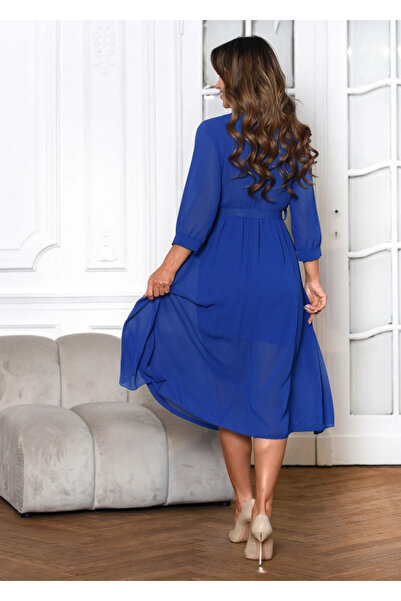 UniqueStore.ro Rochie elegantă albastră cu decolteu înfășurat și curea în talie - Mărime universală