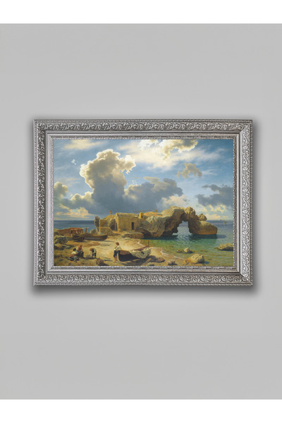 WoodyArts Tablou cu peisajul orașului de coastă – cadru gri antic