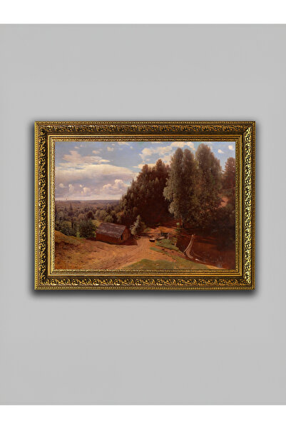 WoodyArts Tablou cu peisaj de pădure și casă de țară – cadru antic auriu