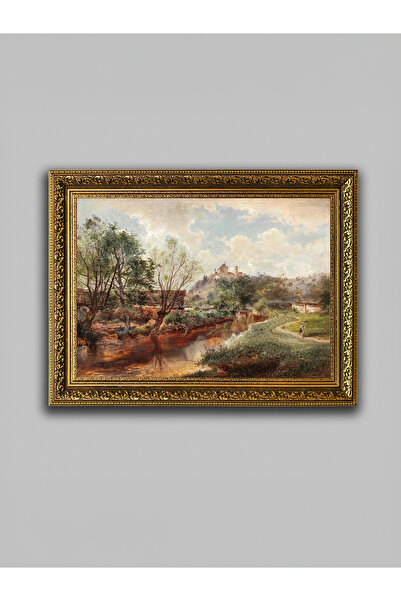 WoodyArts Pictură cu peisaj de râu și sat – Cadru antic auriu