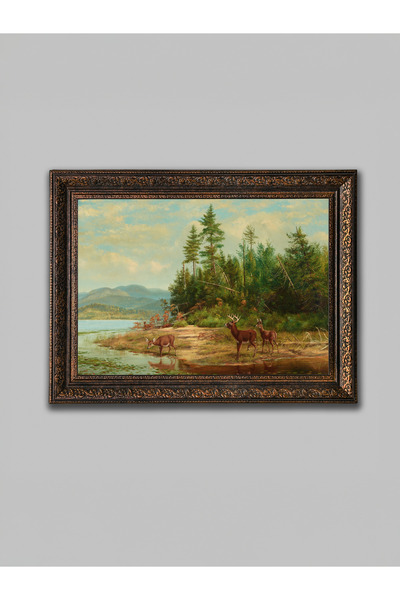 WoodyArts Pictură peisaj cu cerb – Cadru antic din bronz