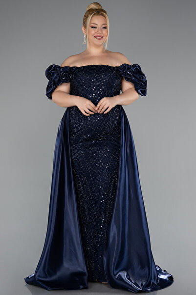 Abiyefon Lacivert Kayık Yaka Uzun Boncuklu Büyük Beden Abiye ABU5155