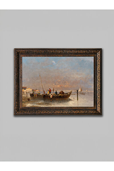 WoodyArts Pictură cu peisaj de pescari și caiacuri – cadru antic din bronz