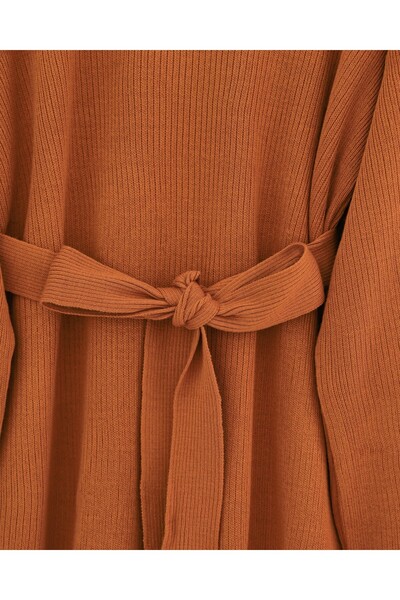 Modamorfo Knitted Suit with Folded Sleeves, Belted Waist and Slit - Tile