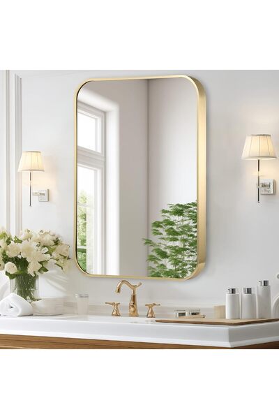 Generic مرآة حائط بإطار من الالمونيوم ذهبي 80*60، مثالية لديكور ب