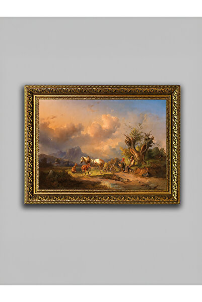 WoodyArts Ζωγραφική Παραθύρου με Αγροτικό Τοπίο με Άλογα – Χρυσό Αντίκα Πλαίσιο