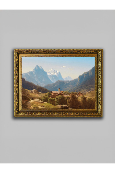 WoodyArts Pictură peisaj de sat de munte – cadru antic auriu