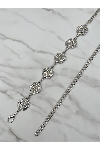 Mynoa Curea de damă cu model argintiu/trandafir, curea cu lanț, curea pentru talie, curea pentru pantaloni, curea pentru jachetă,