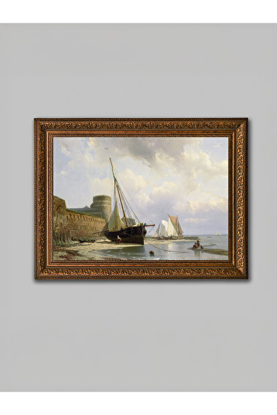 WoodyArts Картина с мотив на ветроходна лодка и пристанище – кафява рамка с е...