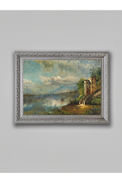 WoodyArts Tablou cu peisajul râului – cadru gri antic