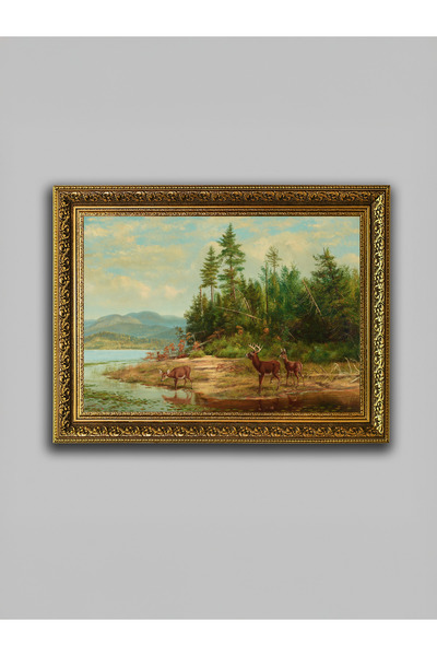 WoodyArts Pictură peisaj cu cerb – Cadru antic auriu
