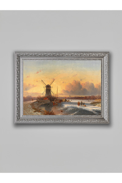 WoodyArts Pictură cu peisaj de iarnă cu moara de vânt – cadru gri antic