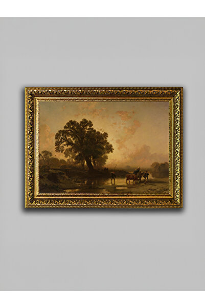 WoodyArts Köy Manzarası Tablo – Altın Eskitme Çerçeve