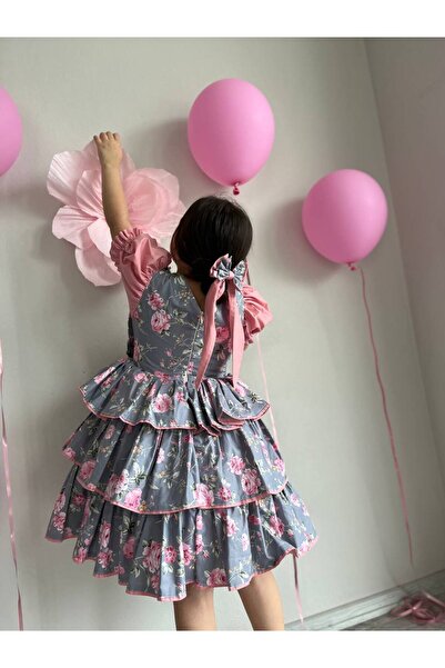 Sare Çocuk Giyim Pembe Gri Çiçekli Kız Çocuk Vintage Eteği Katlı Natural Ham Pamuk Doğum Günü Cosplay Elbise + Toka