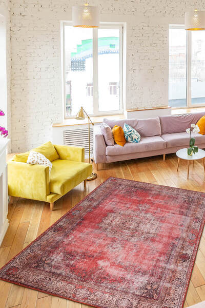 ARTLOOP Blues Şönil Vintage Desenli Dokuma Taban Dekoratif Kırmızı Salon, Mutfak Halısı (AL 119)