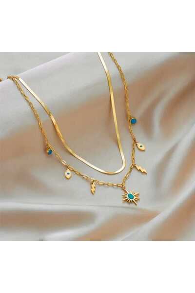 Arvella Takı Boho-Chic Retro-Inspired Çift Katmanlı Turkuaz, Göz ve Şimşek Kolye