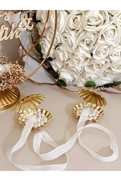 Florial Design 2 Adet Midye Yüzük Yükseltici Söz ve Nişan Yüzüklük Seti, Gold...