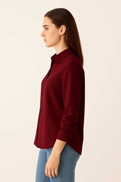 Aura Beautty Kadın Oversize Klasik Yaka Basic Bordo Gömlek 1005