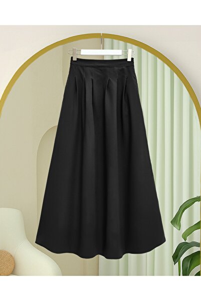 Modamorfo Pleated Crepe Skirt with Zipper Pocket - Black