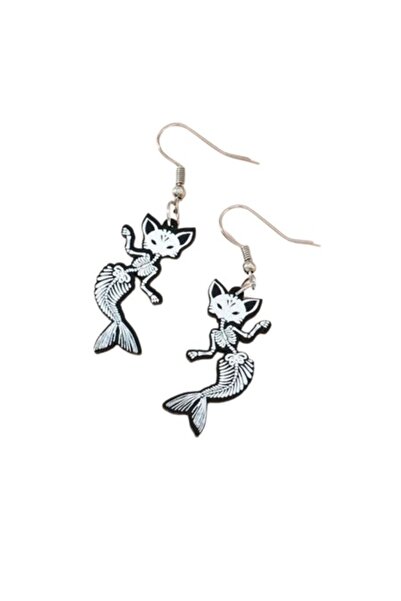 SYGGY Siren Kitty Earrings, Mermaid Cat Design, White/Black