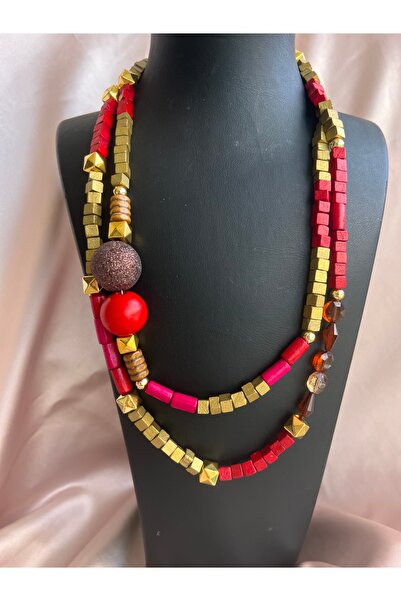 COCOSH TAKI Kırmızı renk gold renk detaylı çoklu uzun tasarım kolye