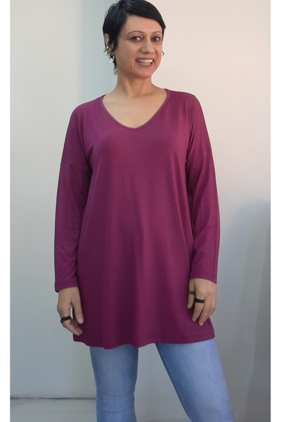 Mertcan Butik Dark Fuchsia V-Neck Size Fits All Low Arm Length Combed Viscose Long-Sleeved T-Shirt