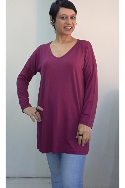 Mertcan Butik Dark Fuchsia V-Neck Size Fits All Low Arm Length Combed Viscose Long-Sleeved T-Shirt