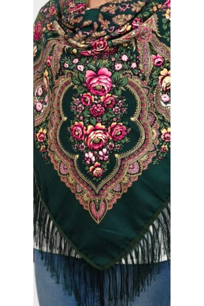 OMS Eșarfă verde cu franjuri 107×107 cm