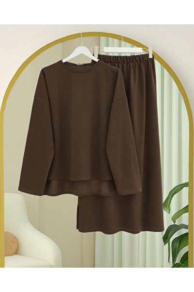 Modamorfo Two-Strand Combed Cotton Suit with Long Slit Skirt on the Back - Brown