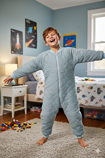 ÖZLEM BEBE Light Blue Stripe 2.5 Tog Sleeping Bag for Ages 7-16 with Intermediate Padding