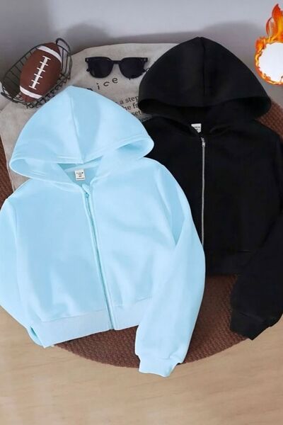 LOUİSA Women's Baby Blue-Black 2-Piece Hooded Zippered Crop Cardigan 2 Thread Raised Stitch