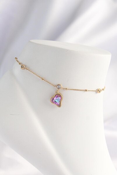 Inure Jewelry 316L Steel Gold Color Colorful Zircon Stone Heart Anklet