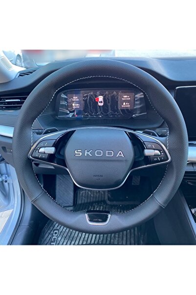 HASBAY DİKİŞLİ DİREKSİYON KILIFI SİYAH DERİ GRİ DİKİŞLİ PARÇALI MODEL SKODA O...