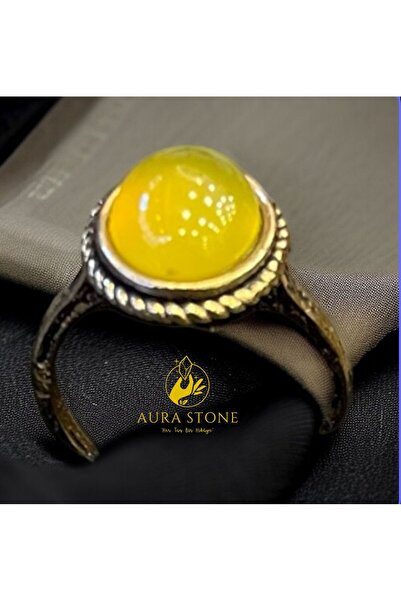AURA STONE AuraStone Sarı Akik Doğal Taşlı Ayarlanabilir Bronz Küçük Yüzük