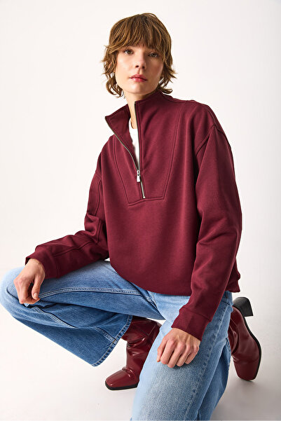 VENA Μπλουζάκι Marina με μισό φερμουάρ από βαμβάκι-μπορντό