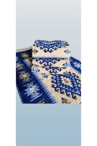 OMS Set of 2 traditional, woven rugs, two sides 60×90 cm blue rhombus